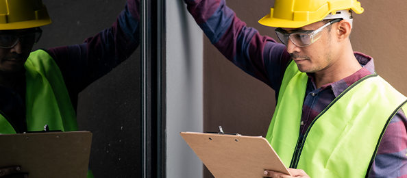 A clipboard-welding contractor waits by the front door in a yellow hardhat and vest.