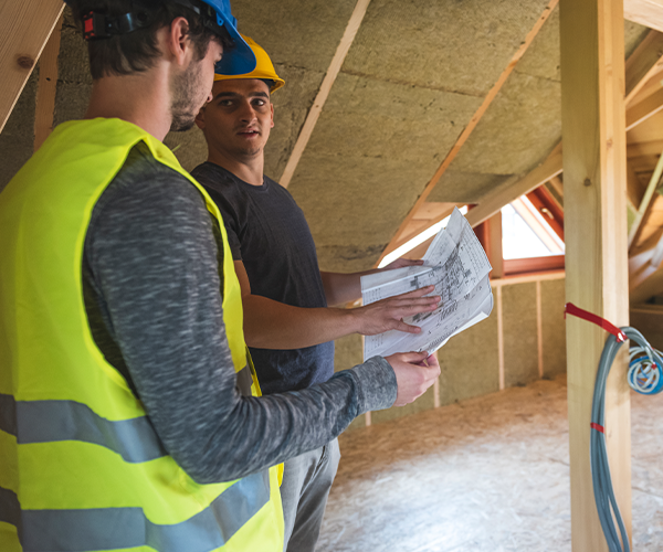 Two contractors in hardhats review blueprints in an empty attic.